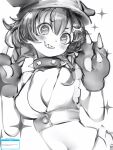  1girl animal_hands bone-shaped_pupils braid breasts gloves greyscale grin hat highres hololive inugami_korone large_breasts looking_at_viewer monochrome nanashi_(nlo) navel paw_gloves paw_pose sharp_teeth simple_background smile solo sparkle symbol-shaped_pupils teeth upper_body virtual_youtuber white_background 
