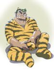  2023 chuchugelee clothed clothing green_hair hair hi_res horn horned_humanoid humanoid humanoid_hands lum&#039;s_father male mature_male simple_background sitting solo urusei_yatsura 