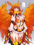  ... 1girl animal_feet bangs bare_shoulders blunt_bangs blush breasts commentary feathered_wings grey_background groin harpy heart highres large_breasts long_hair looking_at_viewer monster_girl monster_girl_encyclopedia navel orange_eyes orange_hair phoenix_(monster_girl_encyclopedia) revealing_clothes simple_background solo spoken_ellipsis spoken_heart winged_arms wings yonaga_san 