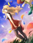  1girl bangs bare_arms blonde_hair blue_eyes blurry cloud commentary_request falling_petals feet_out_of_frame floating_hair floette floette_(red) from_below grass hat hat_removed headwear_removed high-waist_skirt highres long_hair looking_back outdoors petals pokemon pokemon_(creature) pokemon_(game) pokemon_xy red_skirt serena_(pokemon) shirt skirt sky sleeveless sleeveless_shirt solo standing thighhighs watermark yomogi_(black-elf) 