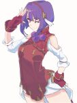  1girl ;) asamiya_athena chinese_clothes clothing_cutout fingerless_gloves gloves hand_on_hip headband highres irc14786149 one_eye_closed purple_eyes purple_hair red_gloves red_headband short_hair shoulder_cutout smile solo the_king_of_fighters the_king_of_fighters_xv white_background 