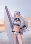  1girl :d ak-12_(age_of_slushies)_(girls&#039;_frontline) ak-12_(girls&#039;_frontline) closed_eyes cowboy_shot girls&#039;_frontline grey_jacket highres holding holding_surfboard jacket long_hair midriff navel ocean open_clothes open_jacket open_mouth outdoors sidelocks sky smile solo sports_bikini standing sunset surfboard swimsuit taiyang_ami water white_hair 