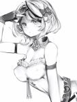  1girl armband bare_shoulders bow breasts cleavage fingerless_gloves gloves greyscale hair_bow hand_up highres hololive large_breasts looking_at_viewer medium_hair monochrome nanashi_(nlo) sakamata_chloe short_hair simple_background solo upper_body virtual_youtuber white_background 