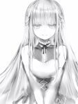  1girl bare_shoulders braid closed_mouth greyscale highres long_hair looking_at_viewer marshmallow-chan_(nanashi) monochrome nanashi_(nlo) neck_ribbon original ribbon simple_background smile solo upper_body v_arms very_long_hair white_background 