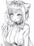  1girl :p ahoge animal_ears belt_collar blush breasts cat_ears cleavage collar dated flower greyscale highres holding holding_flower hololive looking_at_viewer monochrome nanashi_(nlo) nekomata_okayu open_clothes open_shirt simple_background smile solo sweat symbol-shaped_pupils tongue tongue_out upper_body virtual_youtuber white_background x-shaped_pupils 