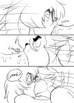  anthro ben_(jordo) bodily_fluids domestic_cat duo eyewear felid feline felis food george_(jordo) glasses hi_res human jordo_(artist) kissing male male/male mammal meat saliva sausage speech_bubble text 