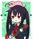  ... 2girls ? ahoge bangs black_hair blank_stare blazer blue_jacket bocchi_the_rock! border collared_shirt commentary_request cube_hair_ornament electric_guitar gotou_hitori green_background guitar hair_ornament holding holding_instrument instrument jacket k-on! long_hair long_sleeves mitya multiple_girls nakano_azusa neck_ribbon outside_border red_ribbon ribbon sakuragaoka_high_school_uniform school_uniform shirt sweat triangle_mouth twintails twitter_username upper_body white_border white_shirt 