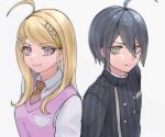  1boy 1girl absurdres ahoge akamatsu_kaede bangs black_hair black_jacket blonde_hair breast_pocket brown_necktie buttons collared_shirt danganronpa_(series) danganronpa_v3:_killing_harmony double-breasted frown green_eyes hair_ornament highres jacket musical_note musical_note_hair_ornament necktie ni_(ankomochi) pink_vest pocket saihara_shuuichi shirt simple_background smile upper_body vest white_background white_shirt 