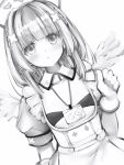  1girl amane_kanata bangs beltbra blunt_bangs covered_nipples dress gloves greyscale hand_up hat highres hololive id_card lanyard looking_at_viewer medium_hair mini_wings monochrome nanashi_(nlo) nurse_cap parted_lips simple_background solo upper_body virtual_youtuber white_background wings 