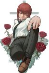  1girl absurdres artist_name atoroux bangs black_necktie black_pants brown_footwear chainsaw_man collared_shirt cropped_legs cross flower highres looking_at_viewer makima_(chainsaw_man) medium_hair necktie pants red_flower red_hair red_rose ringed_eyes rose shirt shirt_tucked_in simple_background smile smug solo twitter_logo white_background white_shirt yellow_eyes 