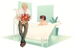  1boy 1girl bangs bathing bathroom bathtub black_hair blonde_hair blush bouquet brown_footwear closed_eyes collared_shirt couple english_commentary flower full_body green_pants hairband highres holding holding_bouquet husband_and_wife long_hair maiii_(smaii_i) nude pants plant potted_plant red_hairband shirt shoes sitting spy_x_family twilight_(spy_x_family) white_shirt yor_briar 