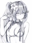  1girl blush breasts character_request closed_mouth copyright_request flower greyscale hair_flower hair_ornament hand_in_own_hair hand_up highres large_breasts looking_at_viewer monochrome nanashi_(nlo) ponytail simple_background solo sweat upper_body virtual_youtuber wet white_background 