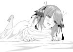  1girl aroused bangs bare_shoulders barefoot bed_sheet black_ribbon blunt_bangs blush breasts breasts_squeezed_together butterfly_hair_ornament cleavage clenched_hand covered_nipples eyebrows_hidden_by_hair eyelashes fingernails furrowed_brow go-toubun_no_hanayome hair_ornament hair_ribbon half-closed_eyes head_tilt highres kosmos_beta large_breasts leg_up looking_to_the_side medium_breasts monochrome nakano_nino nose open_mouth ribbon sidelocks simple_background solo sweat teeth two_side_up under_covers upper_teeth_only white_background 