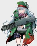  1girl assault_rifle bangs expressionless feet_out_of_frame g11_(girls&#039;_frontline) girls&#039;_frontline green_jacket grey_background grey_eyes grey_hair gun h&amp;k_g11 hair_between_eyes hair_ornament hat highres holding holding_gun holding_weapon jacket long_hair looking_at_viewer open_mouth rifle shirt simple_background sleeveless sleeveless_shirt solo standing toshinori510 weapon 