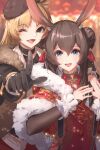  2girls :d absurdres amiya_(arknights) animal_ear_fluff animal_ears arknights arm_garter bangs black_gloves black_headwear blonde_hair blue_eyes blurry blurry_background brown_hair capelet china_dress chinese_clothes chinese_new_year dated double_bun dress elbow_gloves fang fur-trimmed_capelet fur-trimmed_dress fur-trimmed_jacket fur-trimmed_sleeves fur_trim gloves green_eyes hair_between_eyes hair_bun hair_ornament happy_new_year hat hengxing_v highres jacket long_hair looking_at_viewer multicolored_hair multiple_girls one_eye_closed open_mouth pointing pointing_at_viewer rabbit_ears rabbit_girl red_hair short_hair_with_long_locks sidelocks smile swire_(arknights) teeth tiger_ears tiger_girl two-tone_hair upper_teeth_only 