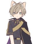  1other androgynous animal_ears belt black_belt black_cape cape cat_ears cat_other collared_cape es_(milgram) grey_eyes grey_shirt highres light_brown_hair looking_at_viewer milgram shirt short_hair short_sleeves solo twitter_username white_background yayoripain 