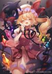  1girl :d blonde_hair closed_eyes drill_hair fang flandre_scarlet happy hat highres holding holding_weapon laevatein_(touhou) long_hair mob_cap open_mouth puffy_short_sleeves puffy_sleeves sekisei_(superego51) short_hair_with_long_locks short_sleeves skirt smile touhou very_long_hair vest weapon wings 