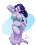  2019 anthro bedroom_eyes belly belly_overhang big_breasts big_hair bikini bikini_pull breasts cleavage clothed clothing clothing_pull crotch_lines curled_hair curvy_figure domestic_cat english_text eyelashes eyeshadow felid feline felis female green_bikini green_clothing green_swimwear hair half-closed_eyes hand_behind_head hi_res hourglass_figure long_eyelashes makeup mammal narrowed_eyes navel open_mouth pattern_bikini pattern_clothing pattern_swimwear peterandwhitney pinup pose purple_body purple_eyeshadow purple_hair raised_arm seductive signature simple_background skimpy_bikini slightly_chubby small_waist solo striped_bikini striped_clothing striped_swimwear stripes swimwear swimwear_pull text thick_thighs voluptuous white_bikini white_clothing white_swimwear whitney_(pnc) wide_hips yellow_eyes 