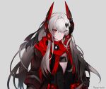  1girl absurdres black_jacket breasts cleavage gradient_hair grey_background grey_eyes grey_hair hair_between_eyes hair_ornament hairclip headgear headphones heterochromia highres jacket long_hair long_sleeves lucia:_crimson_abyss_(punishing:_gray_raven) multicolored_hair punishing:_gray_raven red_eyes red_scarf rozy94 scarf white_hair 