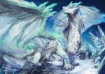  animal_focus aqua_eyes cave_interior claws commission crystal dragon dragon_tail dragon_wings fang fang_out feathers full_body haku_(shirogane) highres horns ice ice_crystal looking_afar no_humans original scales shards signature skeb_commission slit_pupils solo standing tail white_feathers wings 