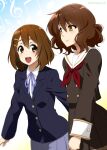  2girls brown_eyes brown_hair commentary_request hair_ornament hairclip hibike!_euphonium highres hirasawa_yui jacket k-on! long_sleeves mattari_yufi multiple_girls musical_note open_mouth oumae_kumiko pleated_skirt school_uniform short_hair skirt smile treble_clef upper_body wavy_hair yellow_eyes 