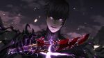 1boy 31_(juno0396) absurdres black_gloves black_hair black_sclera colored_sclera gloves glowing glowing_eyes highres holding holding_weapon looking_at_viewer male_focus open_mouth outdoors purple_eyes short_hair solo solo_leveling sung_jin-woo upper_body weapon 