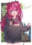  1girl :o absurdres black_hoodie blurry blurry_background blush border casual commentary_request crescent crescent_hair_ornament demon_girl demon_horns dog_walking hair_ornament heterochromia highres holding holding_leash holding_phone hood hoodie horns isuku_amako leash long_hair looking_at_viewer nijisanji no_wings open_mouth outdoors outside_border phone red_hair sleeves_past_wrists two_side_up virtual_youtuber white_border yuzuki_roa 