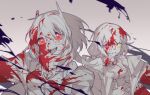  2girls :d blood blood_in_hair blood_on_clothes blood_on_face blood_splatter breasts fangs girls&#039;_frontline heterochromia highres jacket long_hair m4_sopmod_ii_(girls&#039;_frontline) mask mask_around_neck medium_breasts mod3_(girls&#039;_frontline) monochrome multiple_girls open_clothes open_jacket open_mouth red_eyes respirator ro635_(girls&#039;_frontline) smile spot_color taiyang_ami upper_body yellow_eyes 