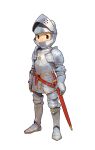  1girl armor breastplate english_commentary full_armor full_body helmet highres knight opossumachine original sheath sheathed simple_background solo sword warrior weapon white_background 