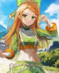  1girl absurdres blue_sky bow cloud commentary_request crop_top day etie_(fire_emblem) fire_emblem fire_emblem_engage green_bow green_eyes green_shirt green_skirt hair_bow hand_up highres jurge long_hair long_sleeves looking_at_viewer midriff navel orange_hair shirt skirt sky smile solo stomach upper_body very_long_hair 