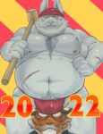  2023 anthro asian_clothing belly big_belly blus blush bulge clothing duo east_asian_clothing felid fundoshi hi_res humanoid_hands ikaring japanese_clothing kemono lagomorph leporid male mammal moobs navel nipples overweight overweight_male pantherine rabbit red_clothing red_fundoshi red_underwear scar tiger underwear 