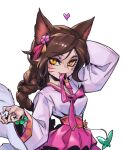  1girl ahri_(league_of_legends) animal_ears arm_behind_head bangs bead_bracelet beads bow bowtie bracelet braid breasts brown_hair butterfly_ornament fang flower fox_ears fox_tail hair_flower hair_ornament heart jewelry large_breasts league_of_legends long_hair long_sleeves looking_at_viewer mouth_hold orange_eyes phantom_ix_row pink_bow pink_bowtie pink_flower simple_background slit_pupils solo tail white_background 