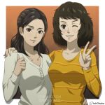  2girls absurdres arm_around_shoulder arm_around_waist border brown_eyes brown_hair character_request closed_mouth collarbone commission grin hand_on_another&#039;s_hip highres kawakami_sadayo long_hair looking_at_viewer multiple_girls one_eye_closed outside_border persona persona_5 shirt smile straight_hair striped striped_shirt tak0baka twitter_username w white_border white_shirt yellow_shirt 