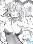  1girl :d akai_haato animal_ears breasts bunny_pose greyscale head_tilt highres hololive large_breasts leotard long_hair looking_at_viewer monochrome nanashi_(nlo) neck_ribbon one_eye_closed playboy_bunny rabbit_ears ribbon simple_background smile solo upper_body virtual_youtuber white_background 