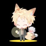  2boys animal_ears atou_haruki black_jacket black_pants blonde_hair blood blood_on_clothes brown_sweater chibi chinese_commentary closed_eyes commentary_request flashlight fox_boy fox_ears fox_tail glasses green_pants holding holding_flashlight jacket kanou_aogu kemonomimi_mode labcoat long_sleeves male_focus miniboy multiple_boys no_nose open_clothes open_jacket open_mouth pants raccoon_boy raccoon_ears raccoon_tail ribbed_sweater saibou_shinkyoku sakuraihum short_hair smile sweater tail turtleneck turtleneck_sweater white_hair 