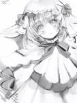  1girl character_request copyright_request greyscale hat head_tilt highres looking_at_viewer monochrome nanashi_(nlo) neck_ribbon parted_lips ribbon simple_background smile solo upper_body virtual_youtuber white_background 