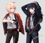  2girls arms_up belt black_hair black_jacket black_pants blonde_hair collared_shirt formal gun hair_ribbon hair_tie_in_mouth hand_in_pocket holding holding_gun holding_weapon holster inoue_takina jacket jacket_on_shoulders long_hair looking_at_viewer lycoris_recoil mouth_hold multiple_girls necktie neko_(yanshoujie) nishikigi_chisato open_clothes open_jacket pants partially_unbuttoned purple_eyes red_belt red_eyes red_jacket red_necktie red_ribbon ribbon shirt short_hair shotgun shotgun_shell shoulder_holster signature smile suit watch weapon white_shirt wristwatch 