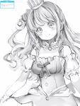  1girl bare_shoulders bow crown dress greyscale hair_bow head_tilt highres himemori_luna hololive long_hair looking_at_viewer monochrome nanashi_(nlo) one_side_up simple_background smile solo upper_body virtual_youtuber white_background 