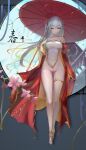  1girl bangs bare_shoulders blurry blurry_foreground breasts choker flower highleg highleg_leotard highres leotard long_hair looking_at_viewer medium_breasts oil-paper_umbrella one_side_up original red_eyes solo strapless strapless_leotard thigh_gap thighlet umbrella wangchuan_de_quanyan white_hair wide_sleeves 