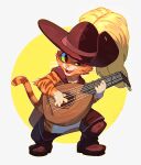  1boy absurdres boots brown_footwear brown_headwear cape cat cat_tail fangs green_eyes guitar hat hat_feather highres holding holding_instrument instrument lillin_apoc music open_mouth orange_fur playing_instrument puss_in_boots puss_in_boots:_the_last_wish puss_in_boots_(shrek) solo tail 
