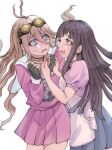  2girls :d absurdres antenna_hair apron bangs barbed_wire black_choker black_gloves black_hair blonde_hair choker clenched_hands danganronpa_(series) danganronpa_2:_goodbye_despair danganronpa_v3:_killing_harmony eye_contact fingerless_gloves from_side gloves goggles goggles_on_head hair_between_eyes hands_up highres holding_hands iruma_miu long_hair looking_at_another messy_hair miniskirt mole mole_under_eye multiple_girls ni_(ankomochi) o-ring pink_shirt pleated_skirt puffy_short_sleeves puffy_sleeves sailor_collar shirt short_sleeves simple_background skirt smile sweat tears teeth tsumiki_mikan upper_teeth_only white_apron white_background white_sailor_collar 