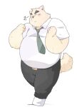  2023 anthro belly big_belly bottomwear canid canine canis clothing domestic_dog eyes_closed ginsingoo1 hi_res kemono male mammal musical_note necktie overweight overweight_male pants shirt solo topwear 