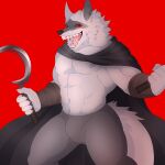  abs absurd_res ankle_wraps anthro arm_wraps barazoku black_cape black_cloak black_sclera bottomwear bulge canid canine canis cape cloak clothed clothing creepy creepy_smile death_(puss_in_boots) dreamworks fangs fur grey_body grey_fur grin hi_res holding_object holding_weapon looking_at_viewer male malphs mammal multicolored_body multicolored_fur muscular muscular_anthro muscular_male nipples pants puss_in_boots_(film) puss_in_boots_the_last_wish red_background red_eyes sharp_teeth sickle simple_background smile smiling_at_viewer solo solo_focus tail teeth tongue weapon white_body white_fur wolf wraps 