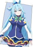  1girl aqua_(konosuba) bangs blue_background blue_eyes blue_hair blue_skin breasts closed_mouth colored_skin detached_sleeves hair_rings ixy kono_subarashii_sekai_ni_shukufuku_wo! large_breasts long_hair looking_at_viewer smile solo thighhighs two-tone_background white_background white_sleeves white_thighhighs 