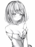  1girl bare_shoulders blush breasts closed_mouth dress earrings embarrassed greyscale highres himemori_luna hololive jewelry looking_at_viewer medium_breasts medium_hair monochrome nanashi_(nlo) no_bra off-shoulder_dress off_shoulder simple_background solo sweatdrop upper_body virtual_youtuber white_background 