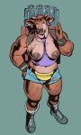  anthro areola backpack belt big_breasts bottle bottomwear bovid bovine breasts cattle clothing container ear_twitch exposed_breasts falcon_mccooper fanny_pack female footwear hi_res horn hotpants knee_pads mammal midriff muscular muscular_female nipples shirt shoes shorts slightly_chubby smile solo tank_top thick_thighs topwear 