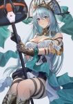 1girl arknights azura_(fire_emblem) bare_shoulders black_gloves blue_eyes blue_hair commentary commission cosplay dress elvandec facial_mark feet_out_of_frame fire_emblem fire_emblem_fates gloves grey_background hair_between_eyes headdress highres holding holding_staff multicolored_hair off-shoulder_dress off_shoulder parted_lips pink_hair short_sleeves simple_background sitting skadi_(arknights) skadi_the_corrupting_heart_(arknights) skadi_the_corrupting_heart_(arknights)_(cosplay) skadi_the_corrupting_heart_(sublimation)_(arknights) solo staff streaked_hair thighs white_dress 