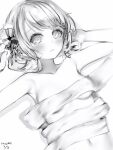  1girl blush breasts character_request closed_mouth copyright_request covering greyscale hair_ornament hands_up highres looking_at_viewer lying monochrome nanashi_(nlo) nude_cover on_back simple_background small_breasts solo upper_body virtual_youtuber white_background 