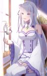  1girl absurdres bangs blunt_bangs braid breasts cleavage clothing_cutout crown_braid emilia_(re:zero) flower gem green_gemstone hair_flower hair_ornament hair_ribbon hairclip highres kumuo_(mirakurufusao) long_hair medium_breasts miniskirt open_mouth pleated_skirt puck_(re:zero) purple_eyes purple_ribbon re:zero_kara_hajimeru_isekai_seikatsu ribbon shoulder_cutout sitting skirt solo thighhighs very_long_hair white_flower white_hair white_skirt white_thighhighs zettai_ryouiki 