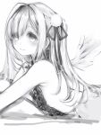  1girl amane_kanata angel_wings babydoll breasts closed_mouth feathered_wings from_side greyscale hair_ribbon highres hololive long_hair looking_at_viewer lying mini_wings monochrome nanashi_(nlo) on_stomach ribbon sideboob simple_background smile solo upper_body virtual_youtuber white_background wings 